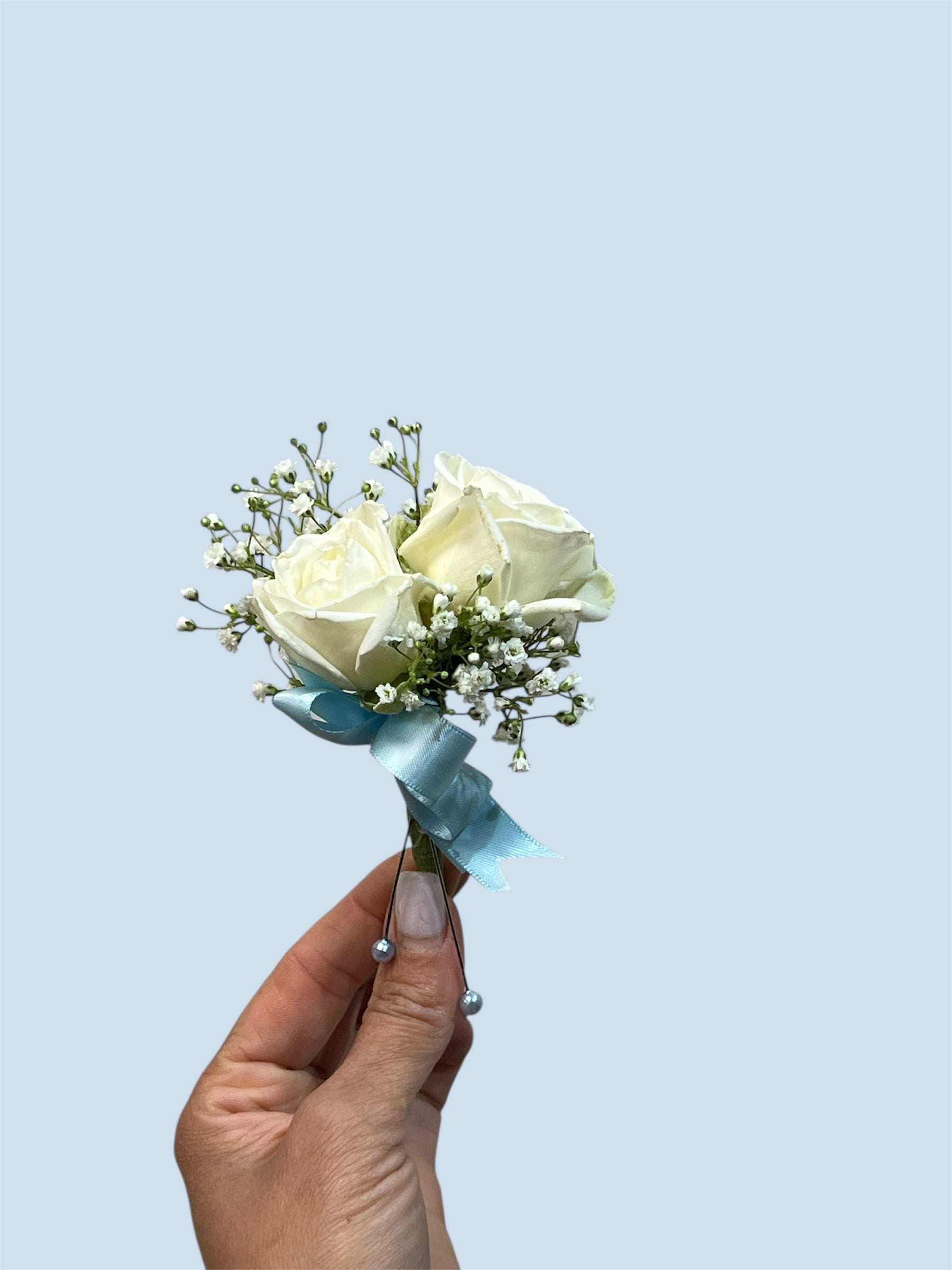 Spray Roses, White and Baby Blue Prom Set