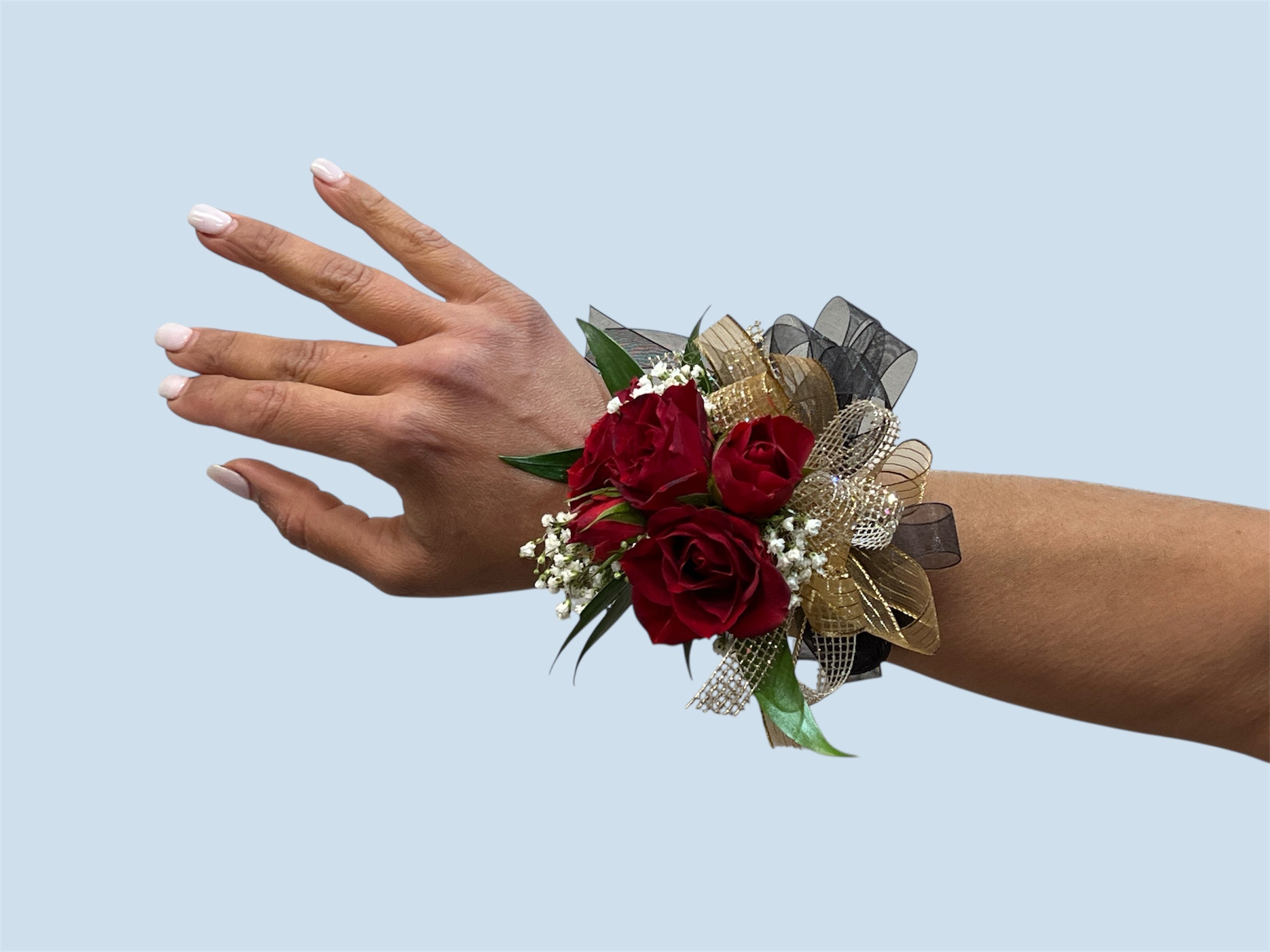 Rose + Spray Roses, Black Gold and Red Prom Set