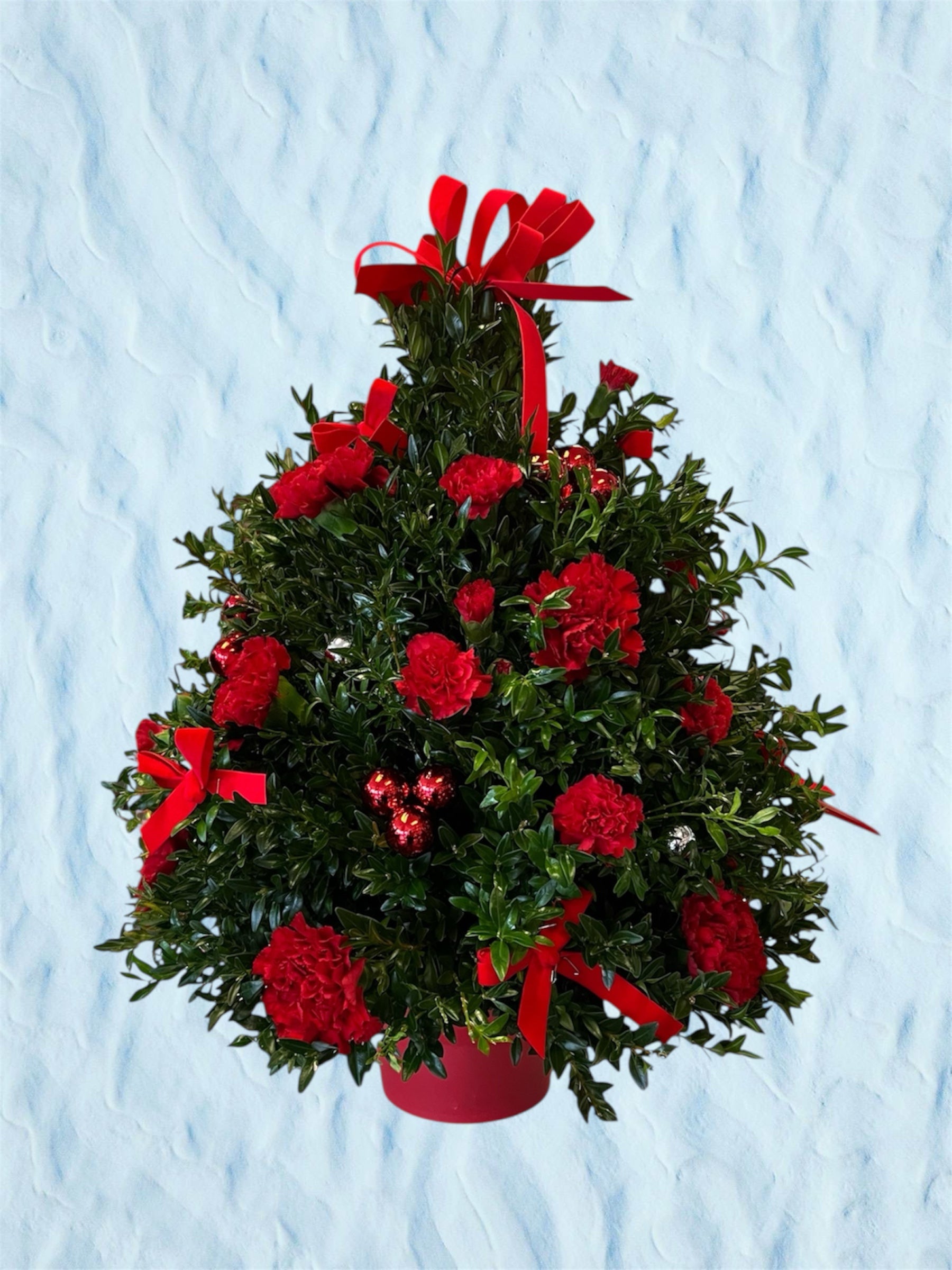 Red bow boxwood christmas tree